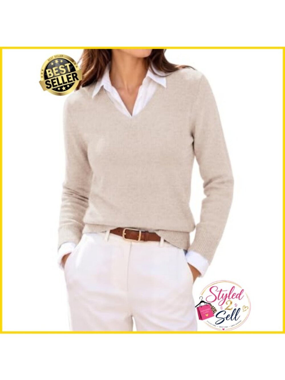 Merino Wool Cashmere Blend V-Neck Pullover Sweater Long Sleeve Winter Work
